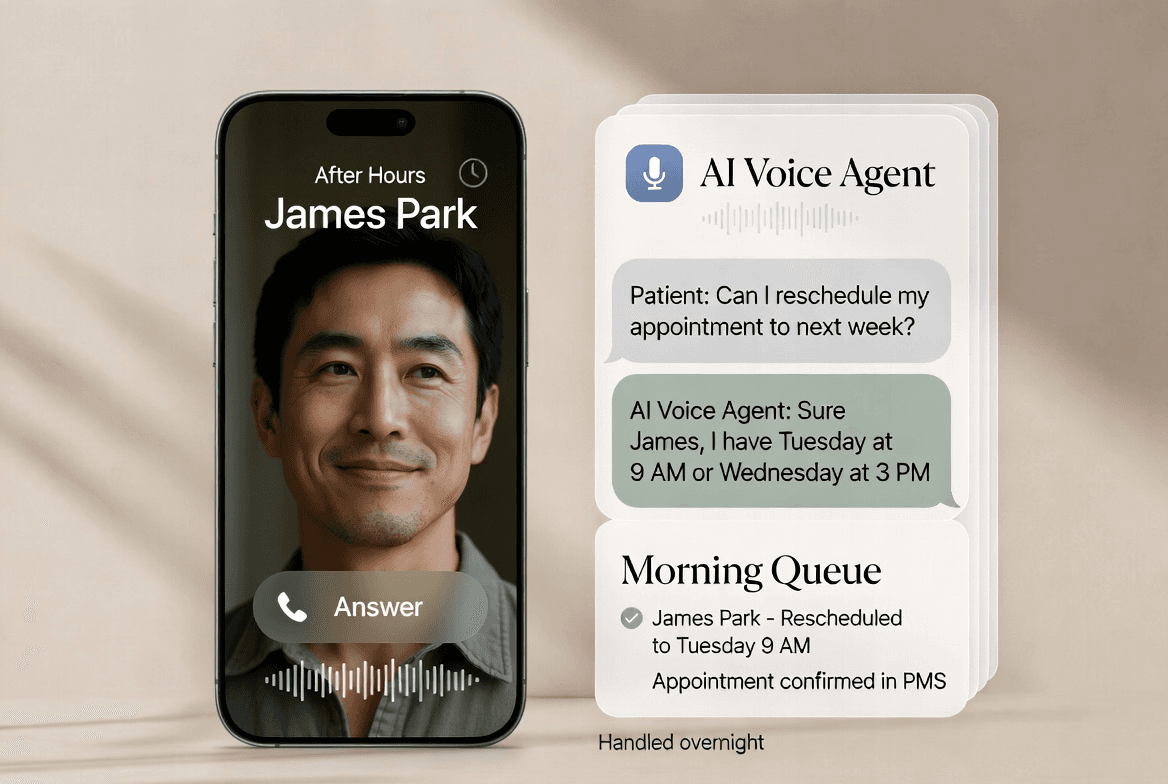 After-hours patient call answered by Kline AI voice agent — conversation handled and appointment rescheduled into the morning queue