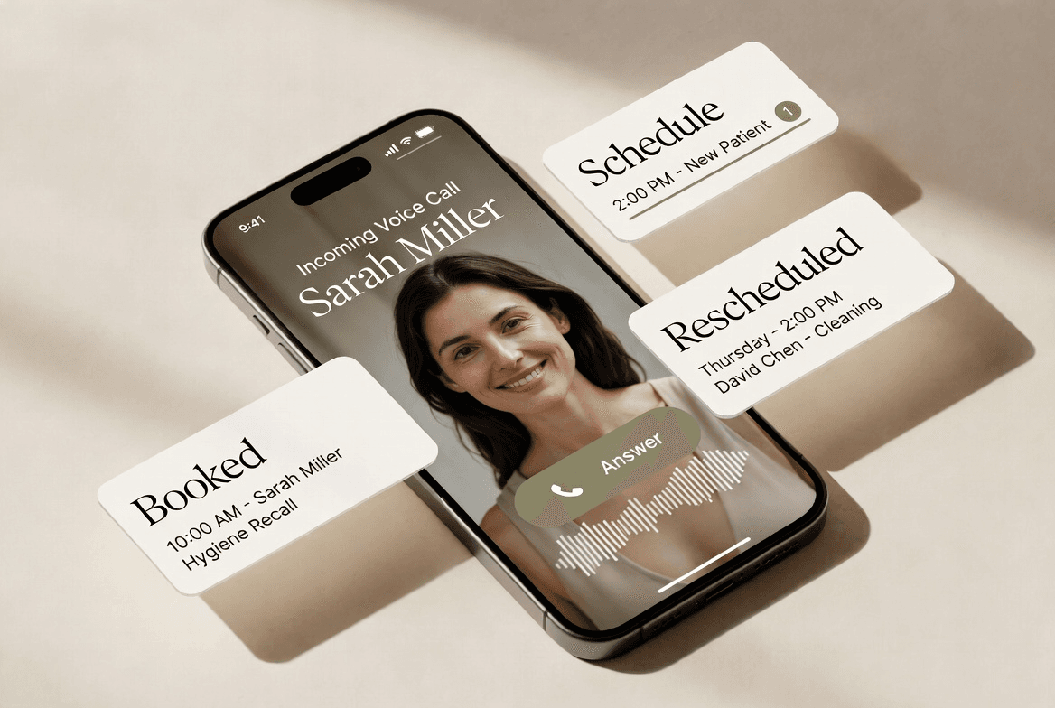 Kline AI voice agent handling a patient call — phone centered with floating cards showing booked and rescheduled appointments