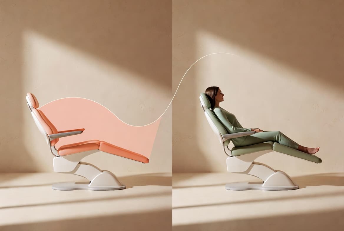 An empty dental chair transitioning into a seated patient, representing open chair time turning into a booked visit.